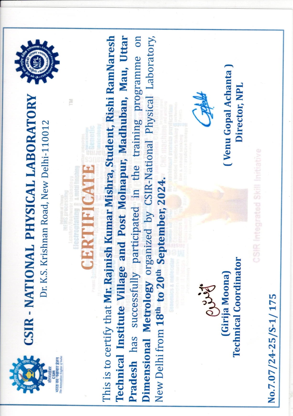 Rajnish Kumar Mishra – Dimensional Metrology, CSIR-NPL